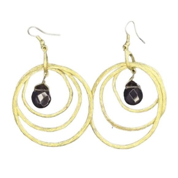 Y2K Vintage Dangled Hoop Earrings Brushed Gold Tone Metal Purple Gemstone - Picture 1 of 3